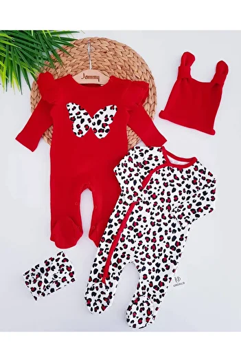 Jammybaby Leopard Butterfly Baby Girl 100% Cotton Seasonal 2 Jumpsuit Hat/Bandana 4-Piece Combination Set Newborn Set