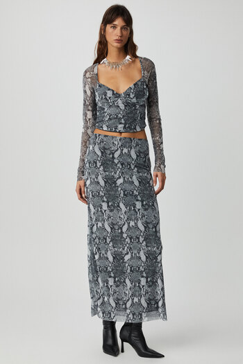 GRIMELANGE Beulah Women's Maxi Length Slim Fit Elastic Waist Tulle Tie Dye Print Snake Print Skirt