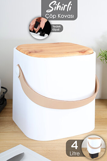 Meleni Home 4Lt Wood Look Trash Can - Countertop Kitchen Trash Can with Smart Lid Holding Handle Bucket White