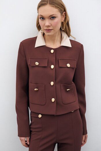 Sateen Buttoned Short Jacket - Brown