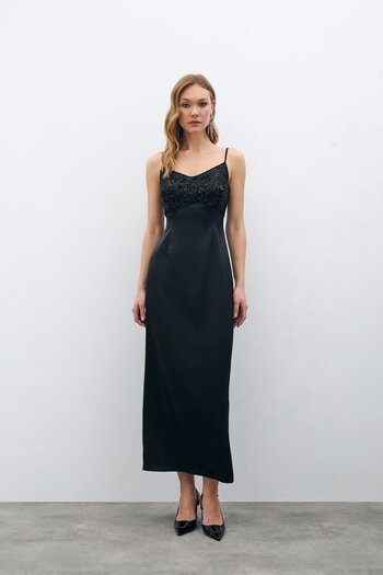 Sateen Black Satin Dress - Sequin Detail