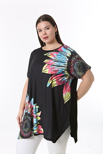 XL Modam Women's Black Digital Printed Short Sleeve Large Size Tunic