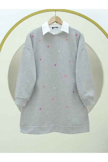 Modamorfo Crew Neck Heart Embroidered Slit Tunic -Light Grey