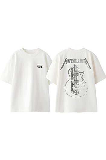 THEWERT Μπλουζάκι Metallıca Guitar Design Back Printed Βαμβακερό λευκό oversize μπλουζάκι