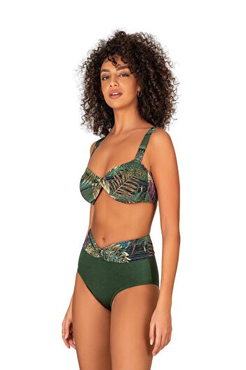 Endeep Kadın Yeşil Yaprak Desenli Parıltılı Yüksek Bel Bikini Takımı