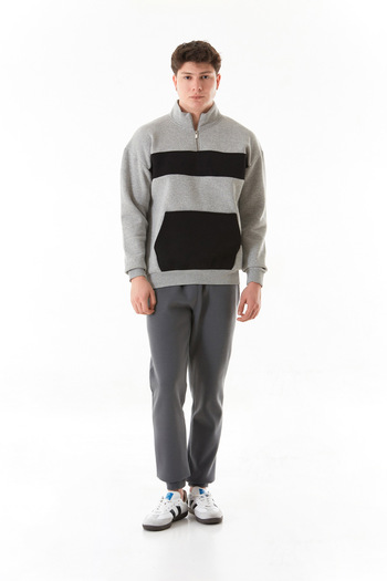 Fulla Moda 3 Yarn Color Block Half Zipper Kangaroo Pocket Sweatshirt