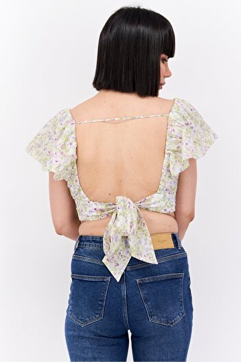 Forever New Women V-neck Cap Sleeve Floral Print Crop Top, Mint Combo