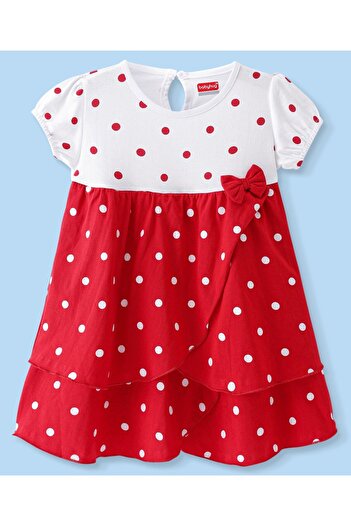 Babyhug Babyhug Single Jersey Knit Half Sleeves Frock Bloomer Polka Dots Print & Bow Applique - Red & White