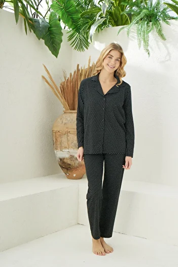 pijamacity Women's Cotton Polka Dot Patterned Buttoned Pajama Set