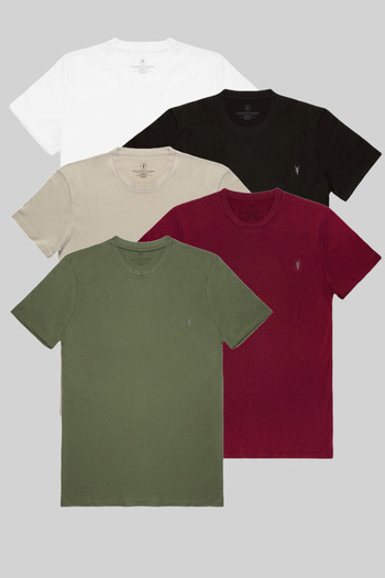 COMBİNE MİCHAİL Men's White-Black-Grey-Claret Red-Khaki 100% Cotton 5-Piece T-Shirt