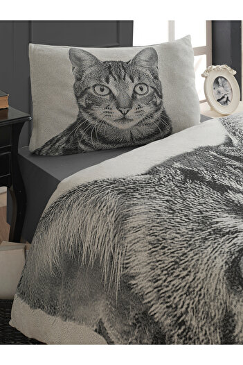 Lucy and Home Amico Cat, Ultra Hd Jacquard Patterned Knitted Combed Cotton Single Duvet Cover Set