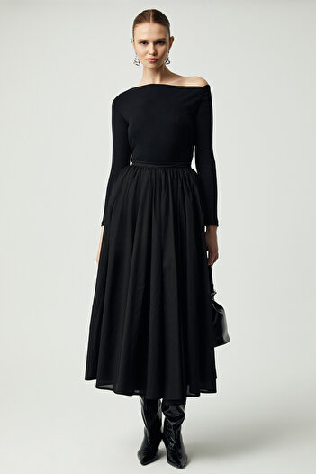 ETHIQUET Modest Women's Zipper Detailed Lined Gathered Voile Relaxed Black Skirt