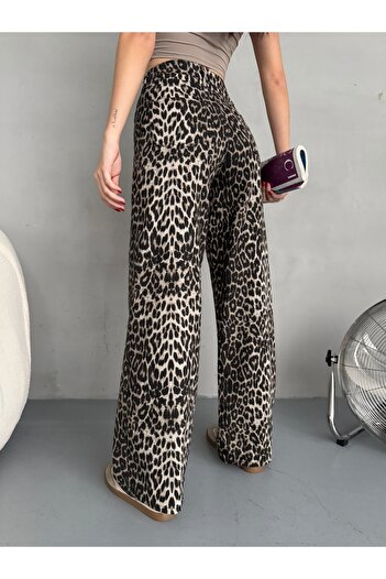 alanora Kadın Leopar Desen Yüksek Bel Likralı Wide Leg Pantolon