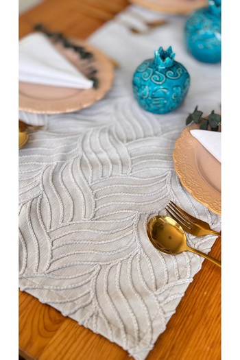 EVYA 40X110 cm Grey Punch Embroidered Washable Runner - American Service for Table, Table, Living Room, Kitchen