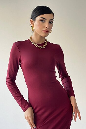 barış sülün lovebox Rochie de bază Midi Burgundy cu mânecă lungă din țesătură elastică nisip 323