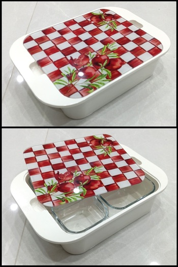 Pinkev 4-Piece Glass Lid Melamine Tray Breakfast Set - Pomegranate Patterned