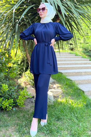 TOFİSA Navy Blue Women's Tunic Trousers - Straight Chief Collar - 11616