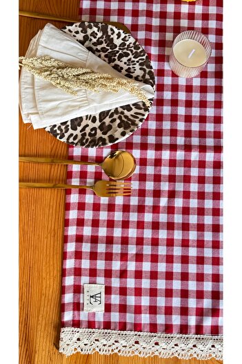EVYA Gingham Duck Linen Runner - 40X110 cm Vintage American Service, Cotton Lace Dining Table and Kitchen