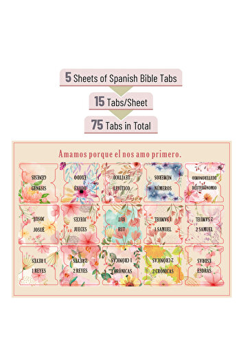 Choice Flower Theme 75pcs Floral Spanish Bible Tags - Laminated, Large Print Neutral Bible Tabs,Easy-To-Rea