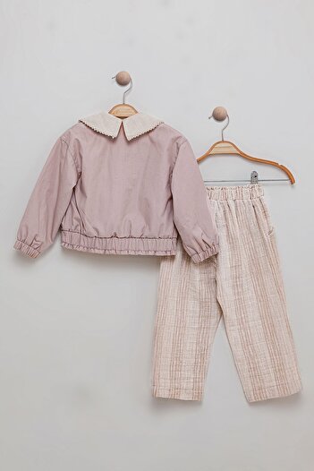 Bombili Floral Embroidery Lace Collar Jacket and Elastic Waist Pants 3-Piece Baby Girl Set