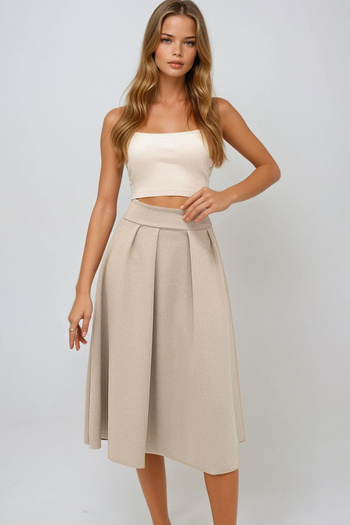 VAGGON Women's Beige High Waist Wide Belt Hidden Zipper Midi Length Textured Lined Skirt Prmx13473