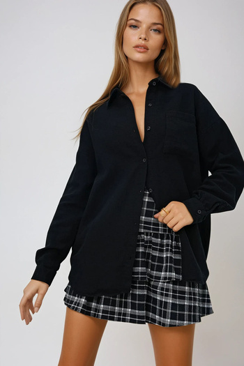 VAGGON Women's Black Single Pocket Linen Look Oversize Woven Shirt Prmx13344