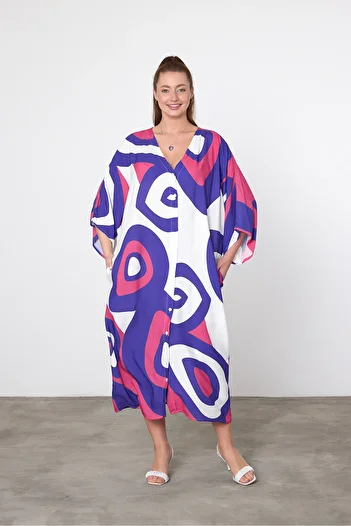 Denismoda Women's Patterned Button Closure Authentic Plus Size Shirt Dress