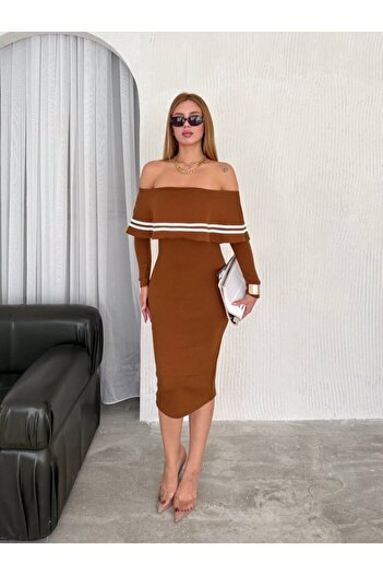 Femella Women Fashion Kadın Fırsat Ürünü Madonna Yaka Midi Boy Triko Trend Kışlık Elbise