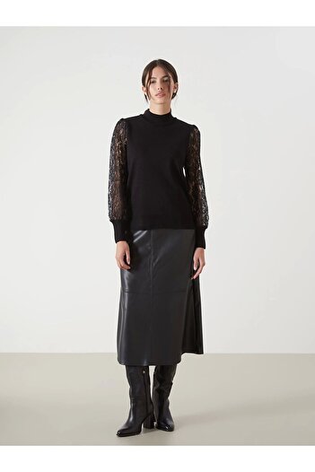 LC Waikiki Lcwaikiki Classic Black Half Turtleneck Lace Detailed Women's Knitwear Sweater