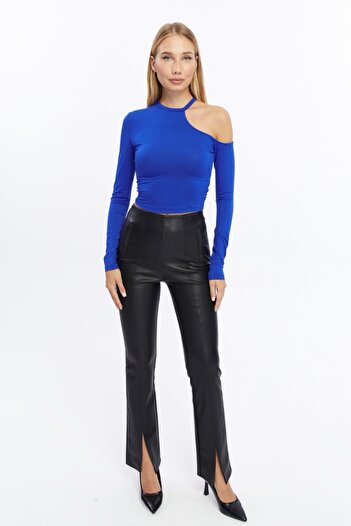 LAENT Kadın Saks Mavi Omuz Detaylı Crop Bluz