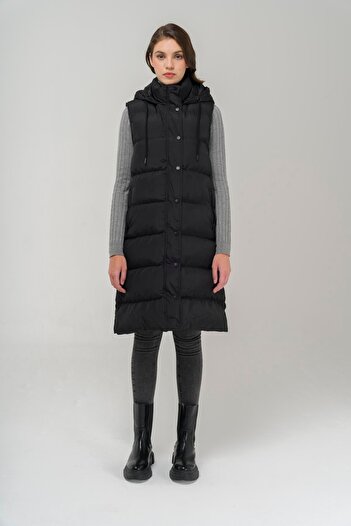Olcay Hooded Zipper Closure Inflatable Vest Black 8225