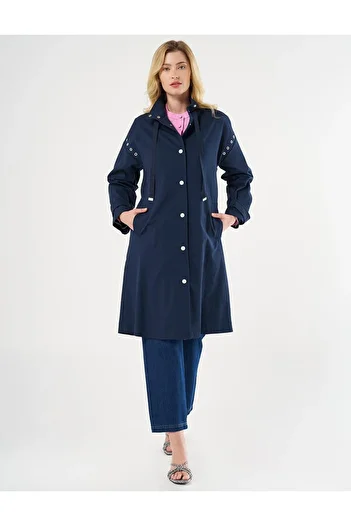 KYR Grosgrain Laced Stand Collar Trench Coat Dark Navy