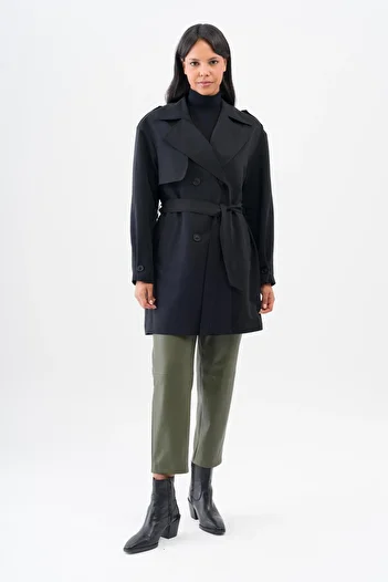 Olcay Unlined Trench Coat with Cloak and Epaulet Detail and Water Repellent Features BLACK 6541