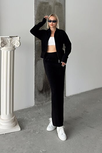 Olcay Black Knitwear Set - Zippered and Ribbed Detailed Skirt 9240-Tk