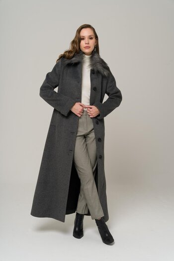 Olcay Plus Size Coat with Removable Collar Fur DARK GRAY 3988