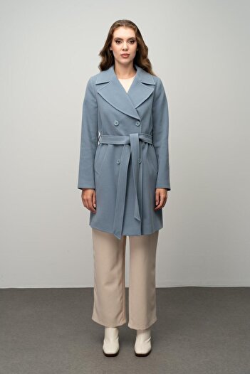 Olcay Blauer Zweireiher-Mantel - Taillengebunden 3058
