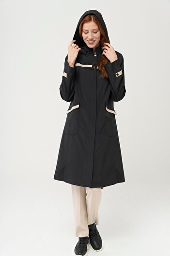 Olcay Odnímatelný trenčkot Garni Detailed Trench Coat Black 4285 s kapucí