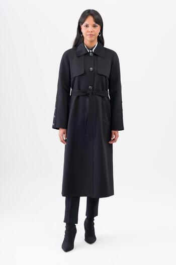 Olcay Shirt Collar Cloak Detailed Raglan Sleeve Water Repellent Feature Lined Intermediate Length Trench Coat BLACK 6530
