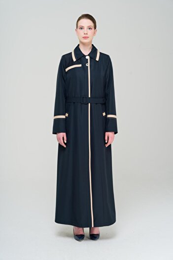 Olcay Shirt Collar Garni and Mesh Detail Large Size Lined Long Trench Coat DARK BLUE 4296