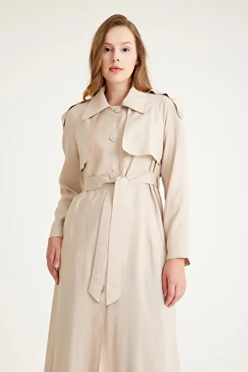 Olcay Unlined Loose Long Trench Coat with Cape and Epaulette Details BEIGE 6602