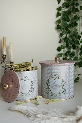 EVLE Set of 2 Rosy Patterned Metal Storage Containers - 2.1 Liter 4.1 Liter Erb48U7