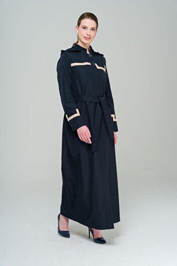 Olcay High Collar Detachable Hooded Garni Detailed Lined Long Trench Coat NAVY BLUE 4295