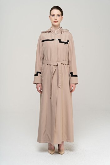 Olcay High Collar Detachable Hooded Garni Detailed Lined Long Trench Coat MINK 4295