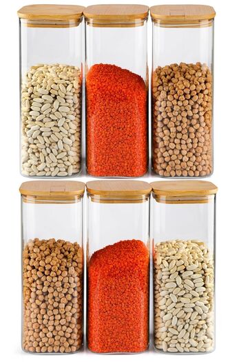 Karçiçeği Home Set of 6 1800 ml Bamboo Lid Square Glass Spice Rack Dragelic and Food Container 23X10 cm