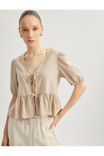 Koton V Neck Short Balloon Sleeve Striped Blouse with Lace Detail
