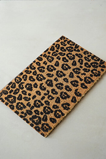 Chilai Home Coco Black Leopard Natural Koko Mat, Bristle Door Mat