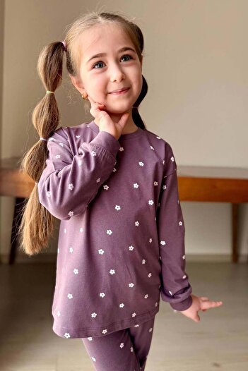 Riccotarz Kız Çocuk Bilekleri Manşetli Papatya Desenli Mor Pijama Takımı