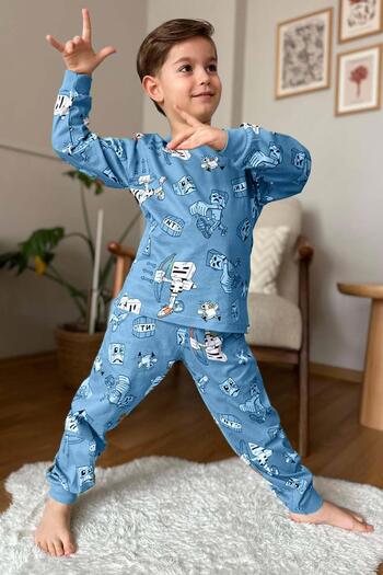 Riccotarz Boy's Robot and Creeper Printed Blue Pajamas Set