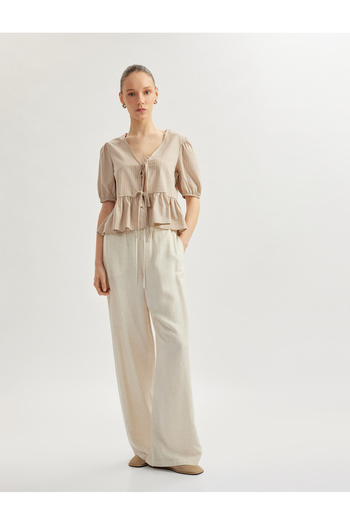 Koton V Neck Short Balloon Sleeve Striped Blouse with Lace Detail