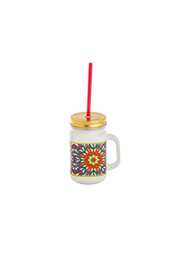 HIC Colored Glass Mug With Straw Set 450 ml 6 Pieces